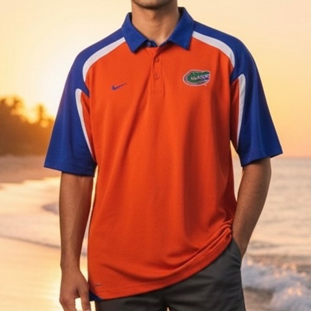 Nike‎ Team Florida Gators Polo Shirt XXL Orange Blue FIT DRY Short Sleeve NCAA